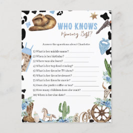 Lámina Who Knows Mommy Best Cowboy Baby Shower Game Card