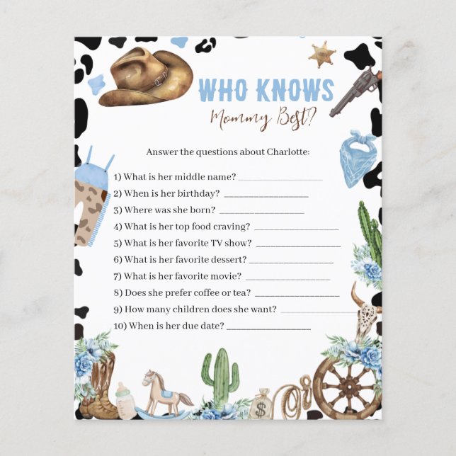 Lámina Who Knows Mommy Best Cowboy Baby Shower Game Card (Anverso)