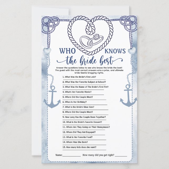 Lámina Who Knows the Bride Best Game Nautical Wedding (Anverso)