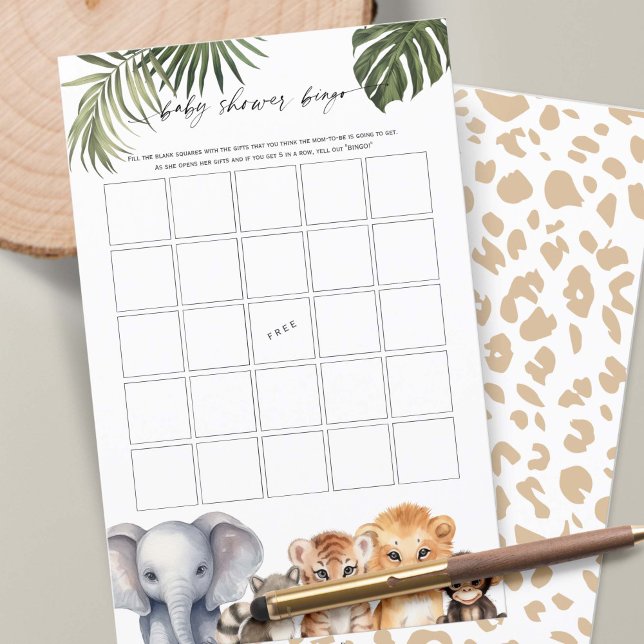 Lámina Wild One Baby Shower Bingo Safari Animales (Baby Boy Shower BINGO game, Wild One Safari Animals Themed Baby Shower.)