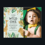 Lámina Wild One Photo Green Gold Birthday<br><div class="desc">Invite a los huéspedes a celebrar el primer cumpleaños de su hijo con esta invitación temática de safari en la jungla, que incluye una colección de follaje verde y oro falso Relieve metalizado jungla y animales (jirafa, león, mono) alrededor de las palabras "Wild One" en la tipografía dibujada a mano...</div>