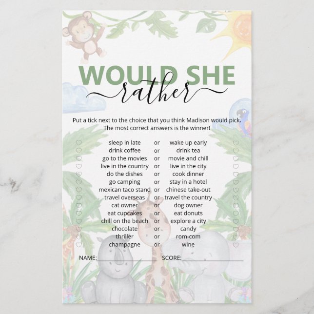 Lámina Wild One Safari Prefiere Un Juego De Baby Shower (Anverso)