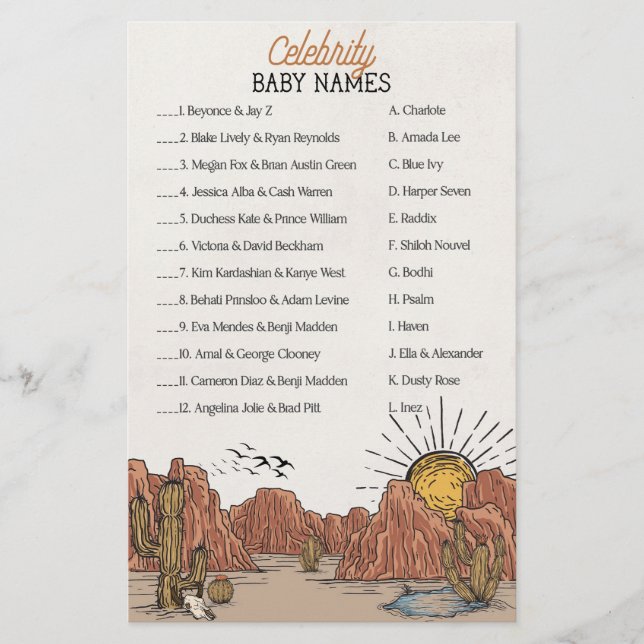 Lámina Wild West Rodeo celebridades nombres de bebé juego (Anverso)