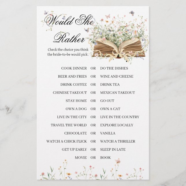 Lámina Wildflower A New Chapter Begin Bridal Shower Game (Anverso)