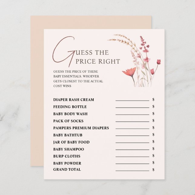 Lámina Wildflower Baby Shower Adivina El juego de precios (Anverso / Reverso)
