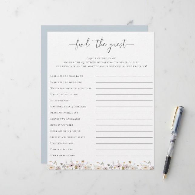 Lámina Wildflower Baby Shower Encuentra El Juego Invitado (Anverso/Reverso In Situ)