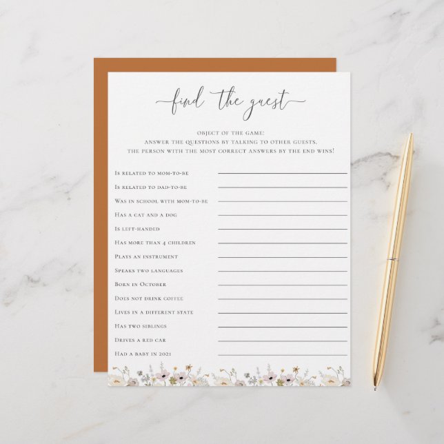 Lámina Wildflower Baby Shower Encuentra El Juego Invitado (Anverso/Reverso In Situ)