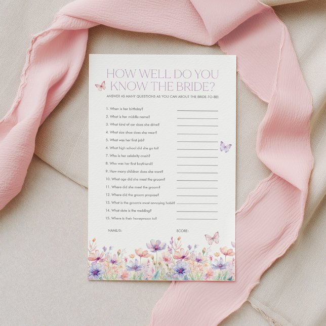 Lámina Wildflower Bridal Shower Games Know the Bride (How well do you know the Bride? Butterfly Bridal Shower Game | Lifetime of butterflies | Wildflower)