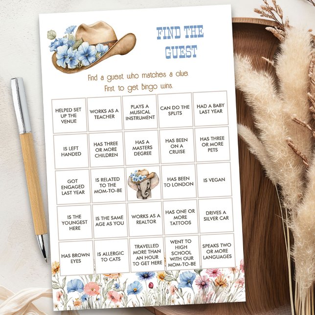 Lámina Wildflower Cowboy encuentra el juego de Baby Showe (Find the Guest game from the Boho Elephant Baby Shower Collection by Darling & May)