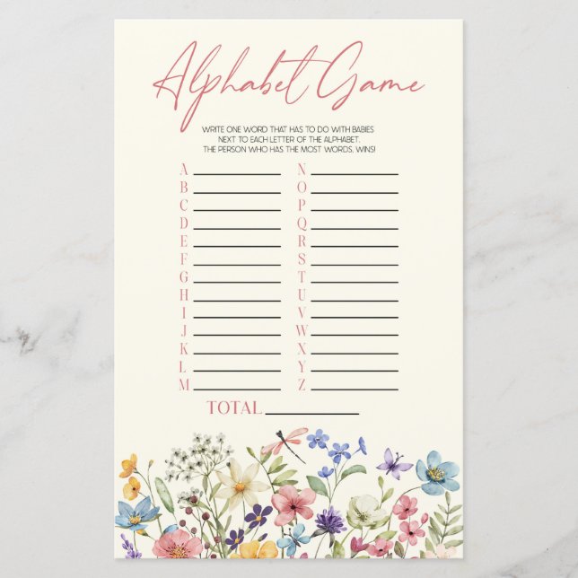 Lámina Wildflower Floral Alphabet Baby Shower Game (Anverso)