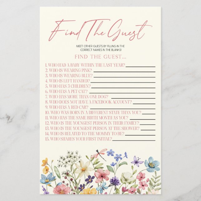 Lámina Wildflower Floral Find The Guest Baby Shower Game (Anverso)