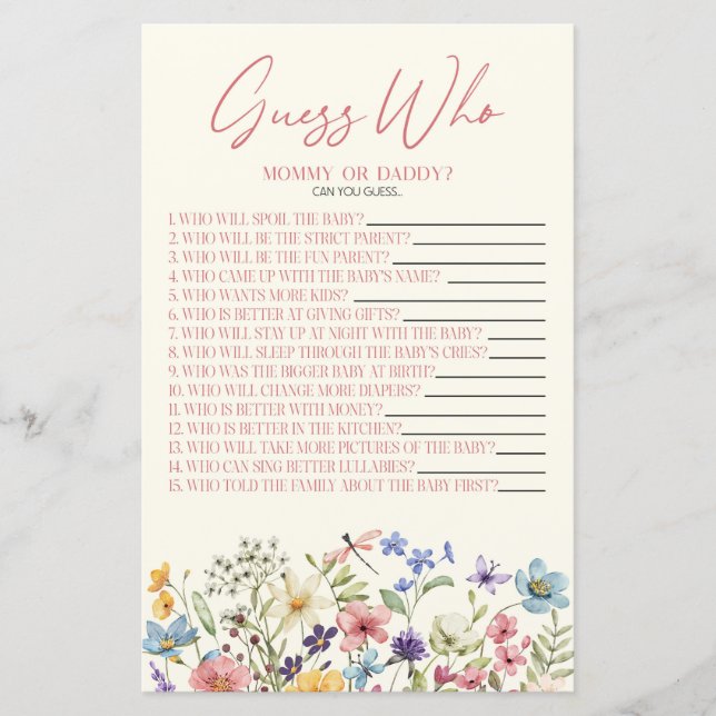 Lámina Wildflower Floral Guess Who Baby Shower Game (Anverso)