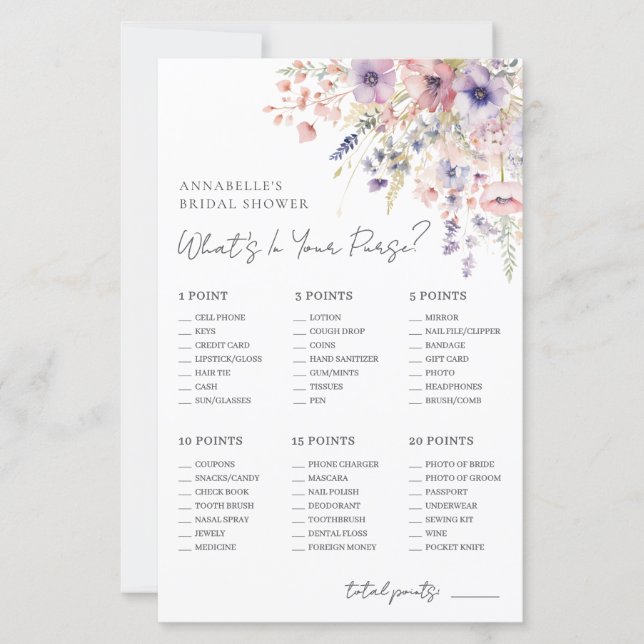 Lámina Wildflower Purse Bridal Shower Game (Anverso)