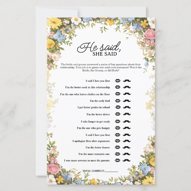 Lámina Wildflower Tea Party He Said She Said Bridal Game (Anverso)