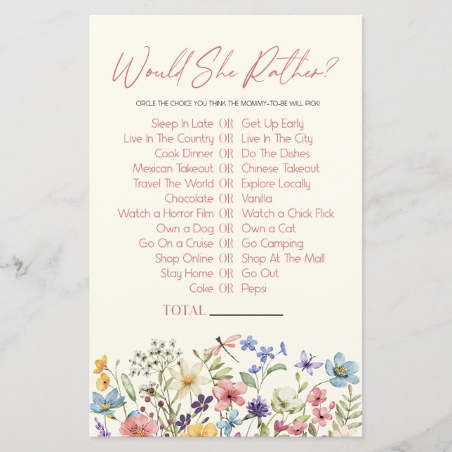 Lámina Wildflower Would She Rather Baby Shower Game (Anverso)