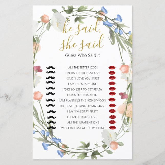 Lámina Wildflowers Bridal Shower dijo: Juego (Anverso)