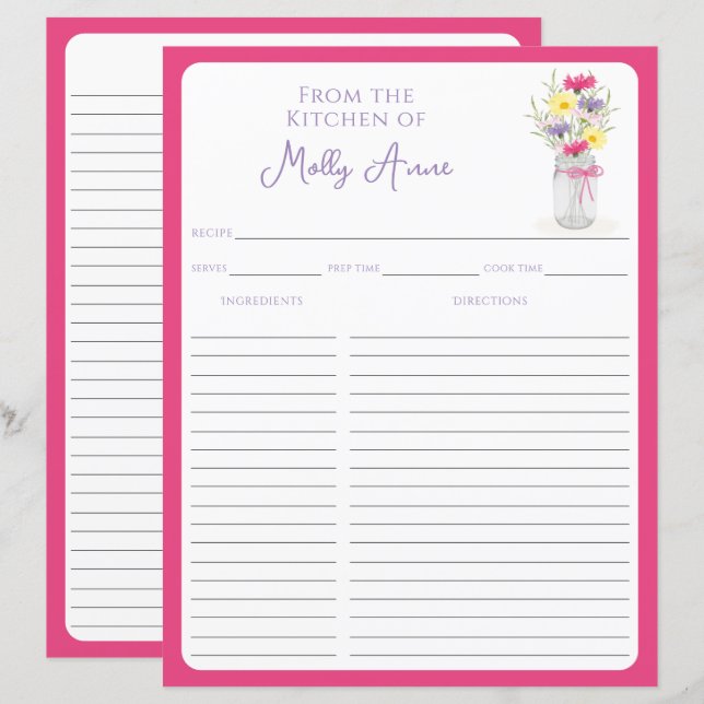 Lámina Wildflowers Mason Jar Pink Country Recipe Sheets (Anverso / Reverso)