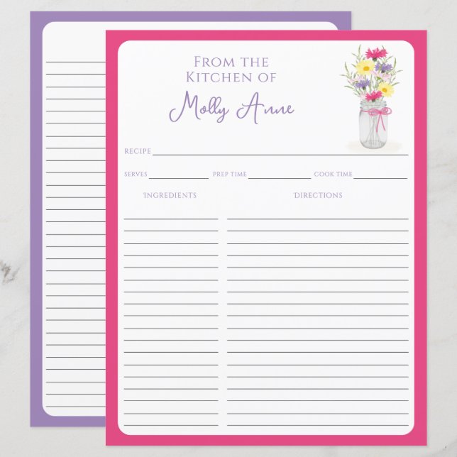 Lámina Wildflowers Mason Jar Pink & Purple Recipe Sheets (Anverso / Reverso)