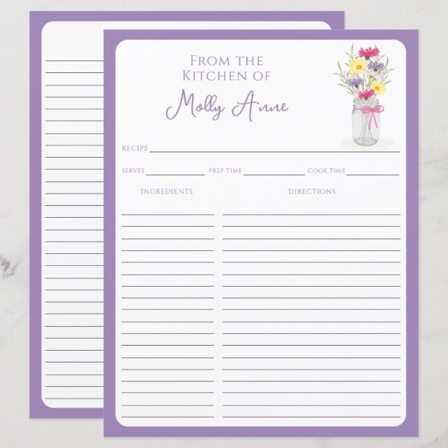 Lámina Wildflowers Mason Jar Purple Country Recipe Sheets (Anverso / Reverso)