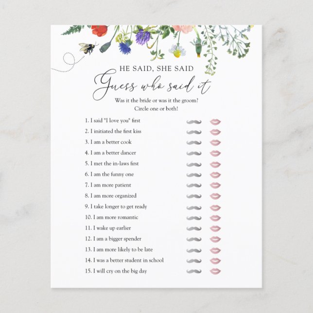 Lámina Wilflower Bee Bridal Shower Game Dijo (Anverso)