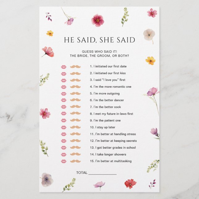 Lámina Wilflower Bridal Shower Dijo Que Dijo Juego (Anverso)