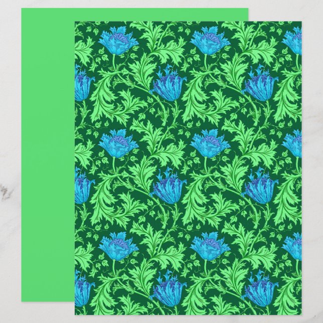 Lámina William Morris Anemone, verde esmeralda y azul (Anverso / Reverso)