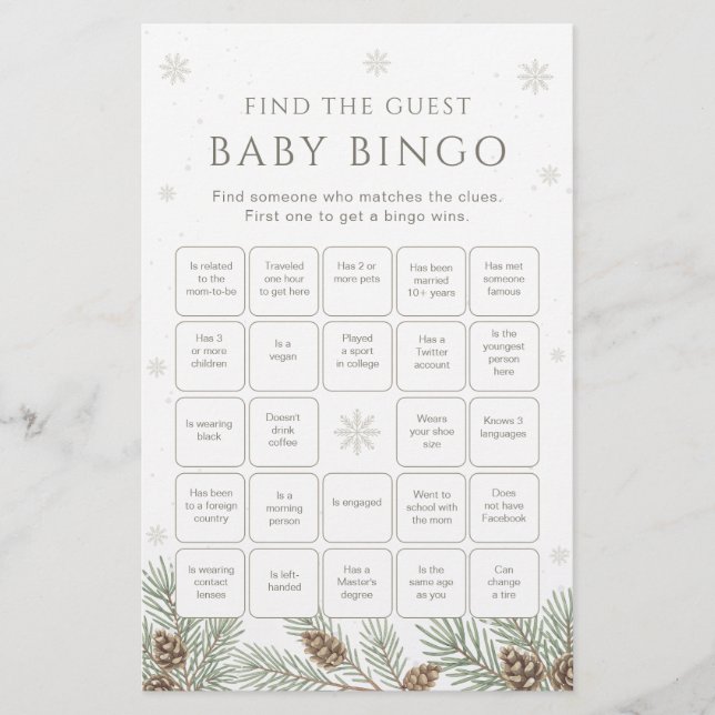 Lámina Winter Baby Shower Bingo Game Find the Guest Game (Anverso)