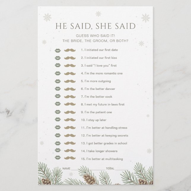 Lámina Winter Baby Shower He Said She Said Game (Anverso)