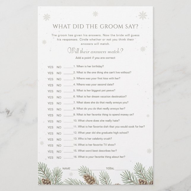 Lámina Winter Baby Shower What Did the Groom Say Game (Anverso)