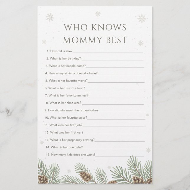 Lámina Winter Baby Shower Who Knows Mommy Best Game (Anverso)