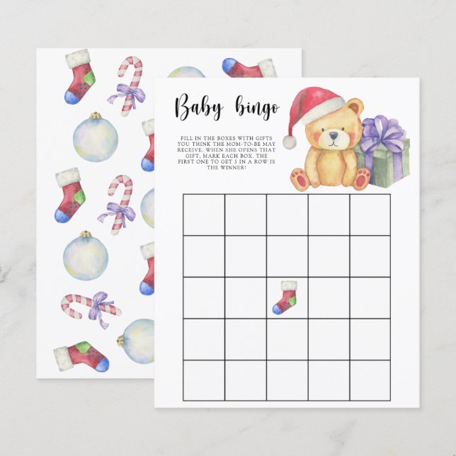 Lámina Winter Bear - Juego de bingo para ducha de bebé (Anverso / Reverso)
