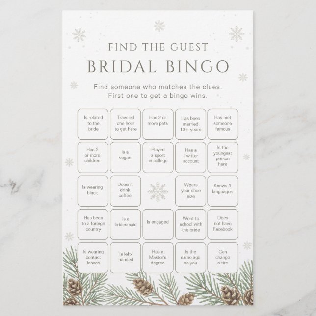 Lámina Winter Bridal Shower Bingo Game Find the Guest (Anverso)