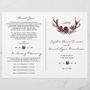 Lámina Winter Burgundy Floral Antlers Wedding Program