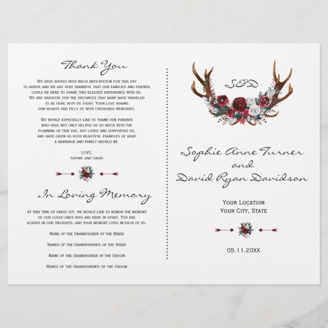 Lámina Winter Burgundy Floral Antlers Wedding Program (Anverso)