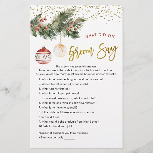 Lámina Winter Deck the Halls Bridal Shower What Groom Say (Anverso)