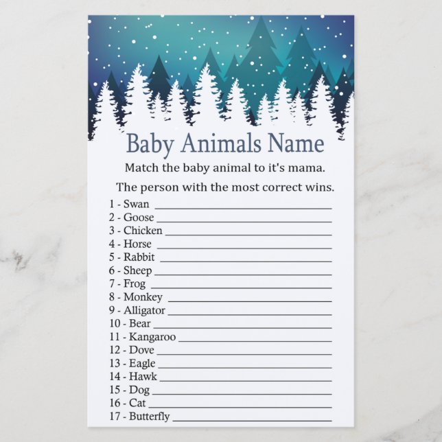 Lámina Winter Forest Baby Animals Nombre juego ducha bebé (Anverso)