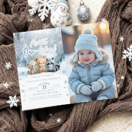 Lámina Winter Onederland Blue First Bday Photo Invitation
