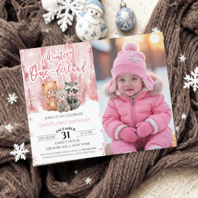Lámina Winter Onederland Pink First Bday Photo Invitation (Subido por el creador)
