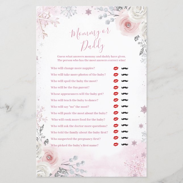 Lámina Winter Pastel Pink Snowflake Mommy or Daddy Game (Anverso)