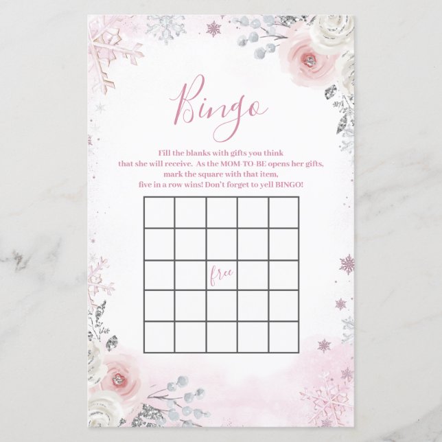 Lámina Winter Pastel Pink Snowflake Sleigh Bingo Game (Anverso)