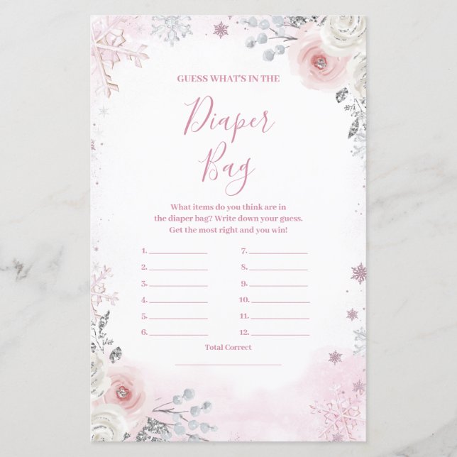 Lámina Winter Pastel Pink Snowflake What's in Diaper Bag (Anverso)