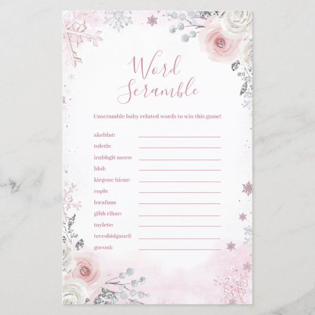 Lámina Winter Pastel Pink Snowflake Word Scramble Game (Anverso)
