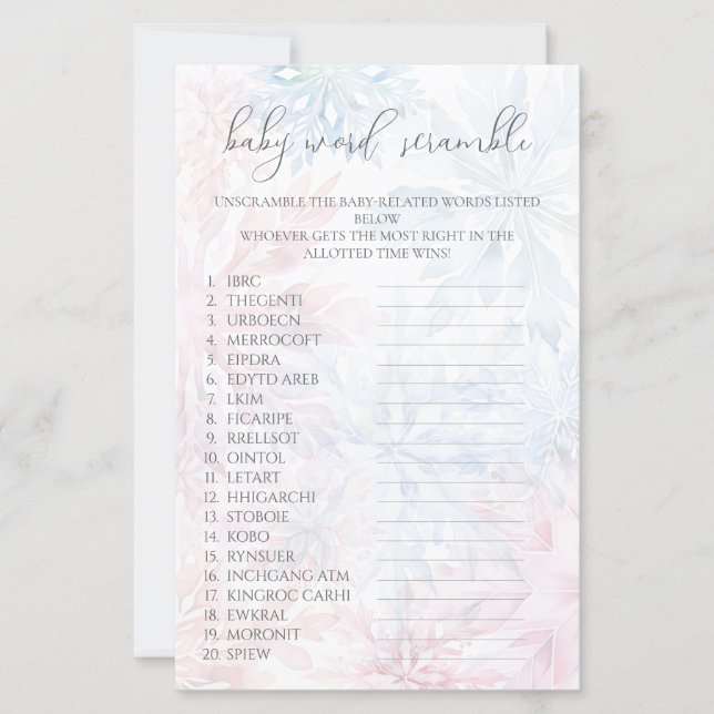 Lámina Winter Pink Blue Snowflake Baby Word Scramble Game (Anverso)