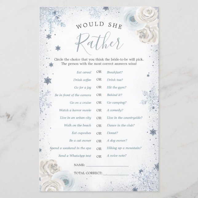 Lámina Winter Snowflake Bridal Shower Preferiría (Anverso)