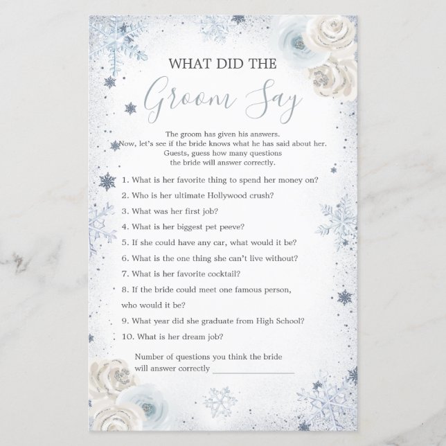 Lámina Winter Snowflake Bridal Shower What Groom Say Game (Anverso)