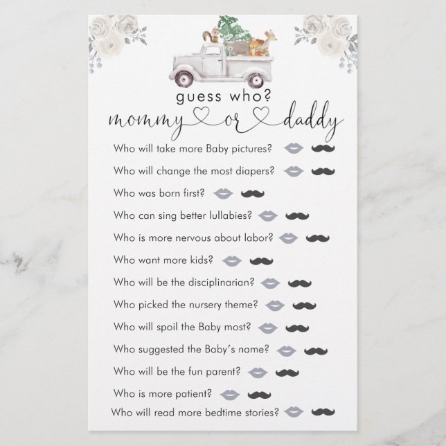 Lámina Winter White Floral Woodland adivina quién juega (Anverso)