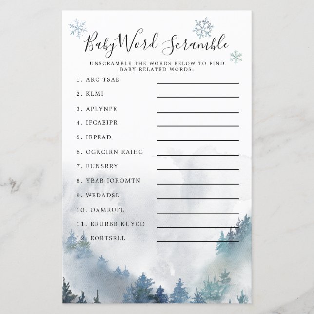 Lámina Winter Wonderland Blue Baby Word Scramble Game (Anverso)