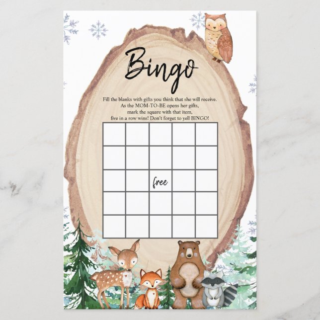 Lámina Winter Woodland Animal Gender Revelan Bingo Games (Anverso)