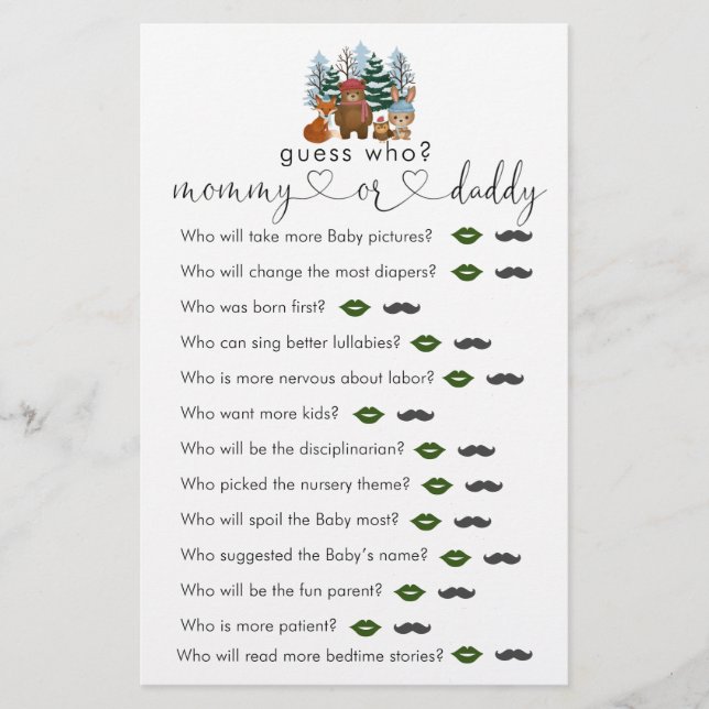 Lámina Winter Woodland Baby Shower adivina quién es el ju (Anverso)