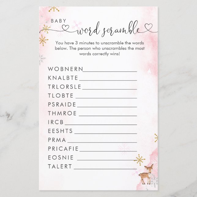 Lámina Winter Woodland Chica Baby Shower Word Scramble (Anverso)